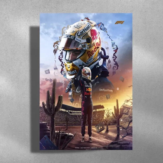 Luxe poster Max Verstappen - Metalen Poster 40x60cm - Mexico GP - Formule 1 Blauw