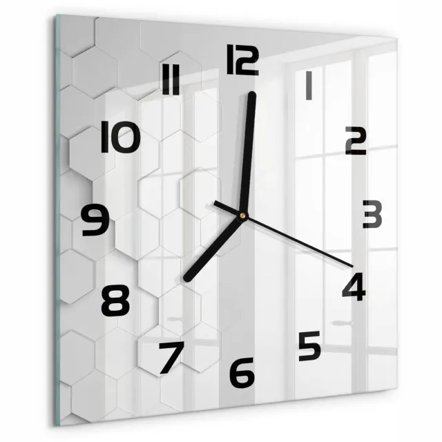 TULUP Wandklok - Zeshoekige achtergrond Wandklok Glas Decoratie - 30x30 cm - Wit Gekleurde Glazen Klok - Zwarte handen - Vierkante Klok - Klok Glas Met Opdruk - Moderne Wandklok Glas