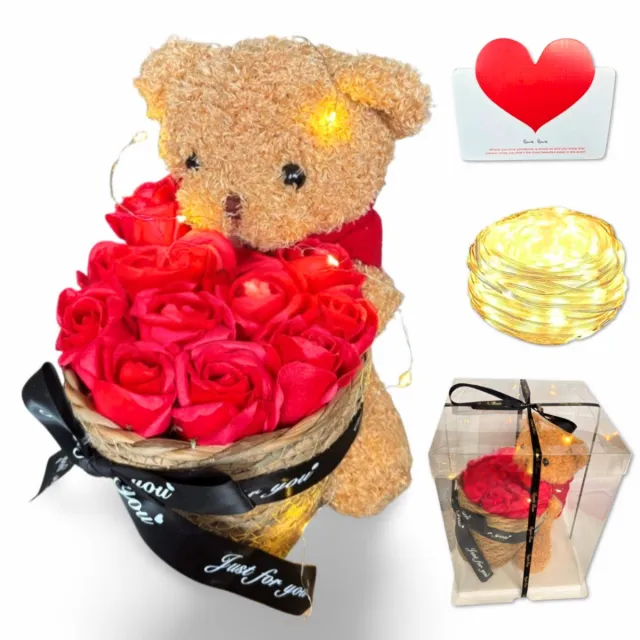 Regalo Rosa Teddybeer met Eeuwige Rozen Cadeaumand – 25 cm – Romantisch Geschenk Rood