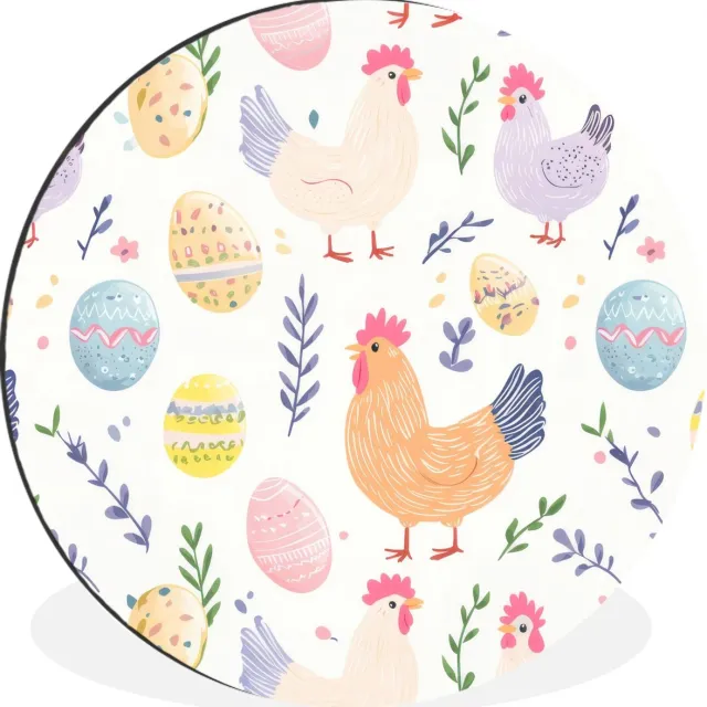 WallCircle Wandcirkel - Muurcirkel - Patroon - Kip - Paaseieren - Aluminium - Dibond - 90x90 cm - Binnen en Buiten Pastel - Pasen