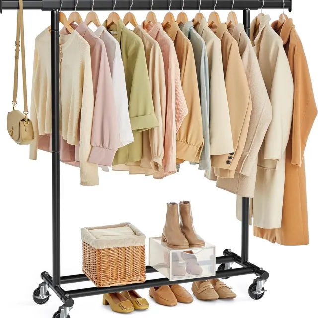 FurnStar Heavy Duty Kledingrek op Wieltjes – Zwart – Uittrekbare Kledingstang – Tot 100 kg Belastbaar