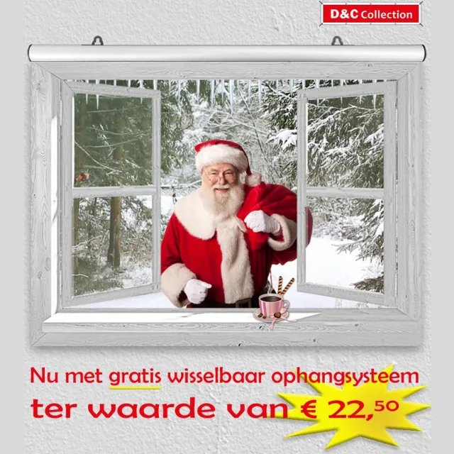 D&C Collection Tuinposter - kerst poster - 60x45 cm - doorkijk - wit venster met Kerstman en besneeuwd bos - winter poster - kerst decoratie- kerstinterieur - kerst wanddecoratie wit, blauw, rood, groen