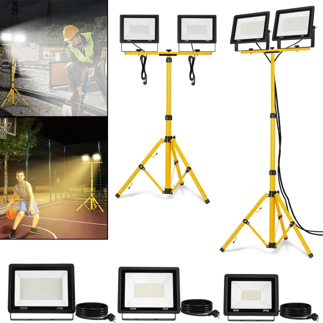 LZQ 2 x 100W LED Baustrahler Warmwit Met Standaard Voor Bouwvak, Tuin, Garage - LED Flodlicht, Werkscheinwerper Inclusief Netkabel, Waterdicht IP66 Warm Wit