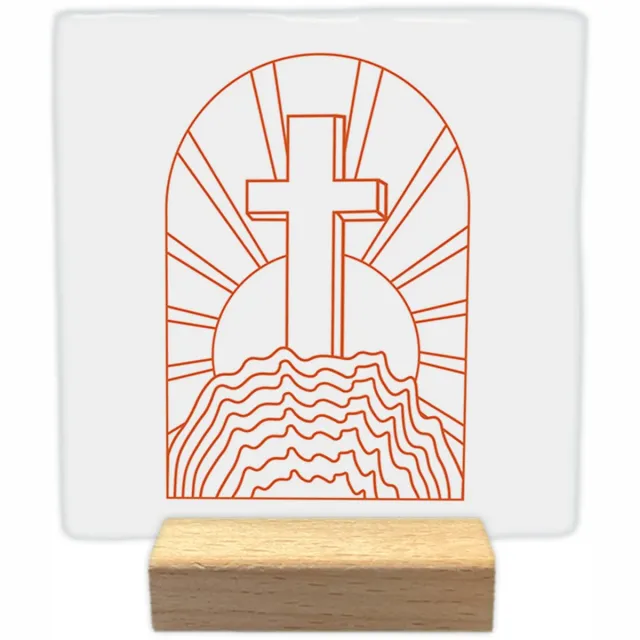 Artige Decoratie tegel - Kruis op de heuvel - keramisch - 10x10 cm - inclusief houder wit