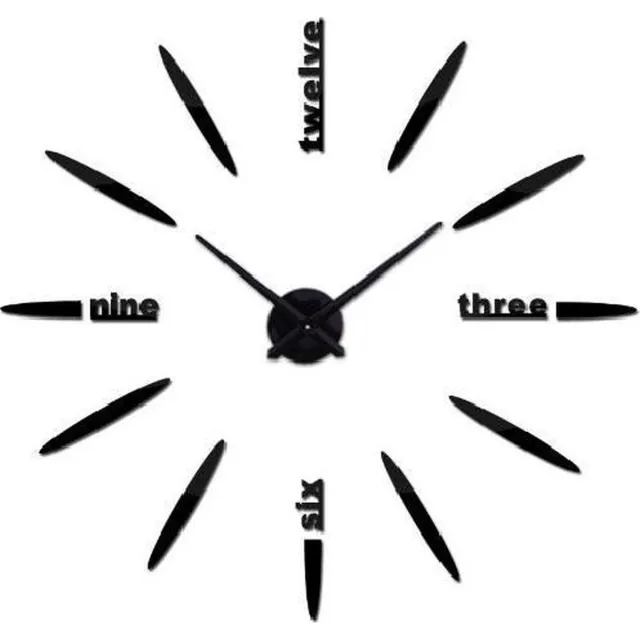 Timelike® Grote moderne 3D DIY wandklok zwart 120cm. - Strepen / Engelse tekst zilver