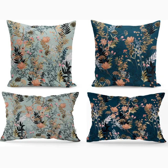 De Groen Home Kussensloop - kussenhoes - Sierkussenhoes - hoes voor sierkussens - set van 4 - 45x45 & 30x50 - Bloemen - Aan beide zijden bedrukt Donkerblauw