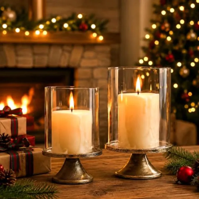 PZCC Glazen Windlicht Set van 2 - Luxe Kaarshouders met Glazen Stolp en Massieve Metalen Voet - Decoratieve Kandelaars voor Eettafel, Dressoir en Woonkamer - Goudkleurig