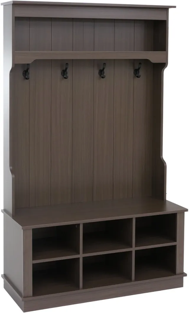 MCW Garderobekast MCW-P26, halgarderobekast, houten garderobekast met zitbank, 4 haken, opbergvak, melamine, 170 x 100 x 39 cm ~ walnootlook