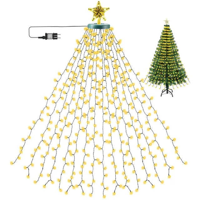 LAPAMAX Lichtsnoer voor Kerstboom met Verlichte Topster en 8 Lichtstanden - Kerstboomverlichting met 16 Strengen en Timer met Geheugenfunctie - Feestverlichting voor Huis, Tuin en Balkon - Warmwit - 3 m - 490 LED's