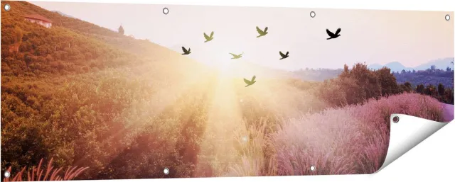 Gards Tuinposter Silhouet Zwerm Vogels bij Zonsondergang - 150x50 cm - Tuindoek - Tuindecoratie - Wanddecoratie buiten - Tuinschilderij Multikleur