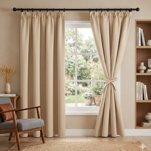 Maison Elara Beige Verduisterende Gordijnen met Plooiband en Riemen 117x137 cm 2 Stuks - Thermisch en Geluiddempend voor Woonkamer en Slaapkamer