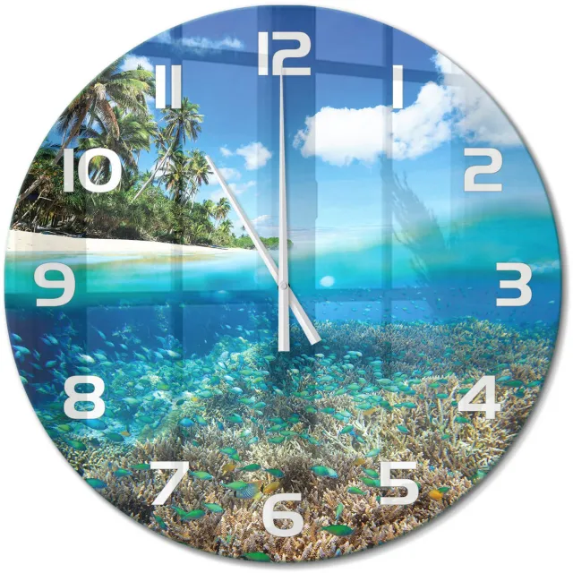 TULUP Wandklok - Koraalrif Klok Glas Met Opdruk - fi60 cm - Blauw Moderne Wandklok Glas - Witte handen - Ronde Klok - Decoratieve Glazen Klok - Glazen Wandklok Design