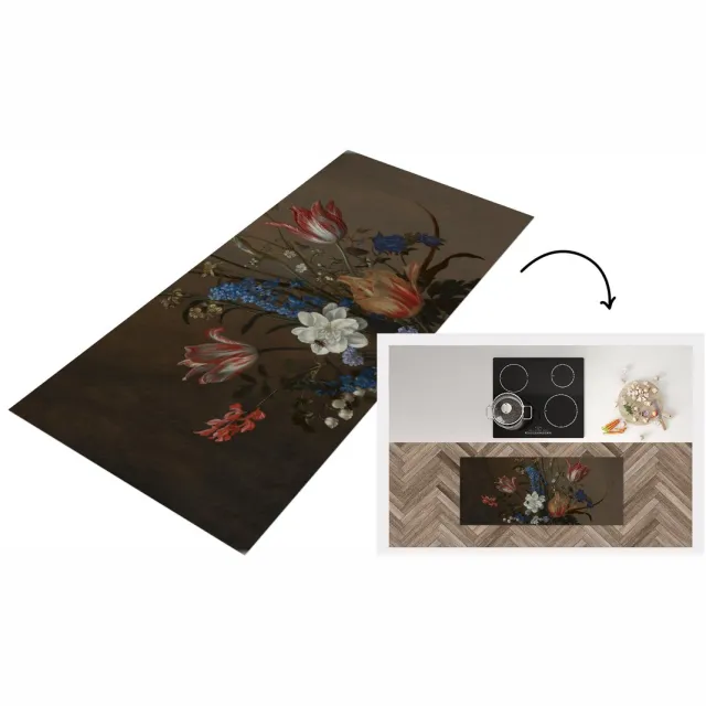 KitchenYeah Keukenloper - Loper keuken - Bloemen in een Wan-Li vaas en schelpen - Schilderij van Balthasar van der Ast - Keukenloper vinyl Multicolor