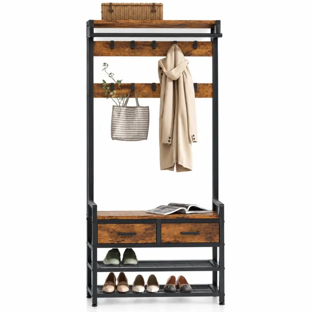 Lejoraa Kapstok met Schoenenbank/rek – Scheidbaar Ontwerp – met zitbank – 10 Haken - wandgarderobe Halmeubel - halmeubel - H181.6 Vintagebruin / Inktzwart
