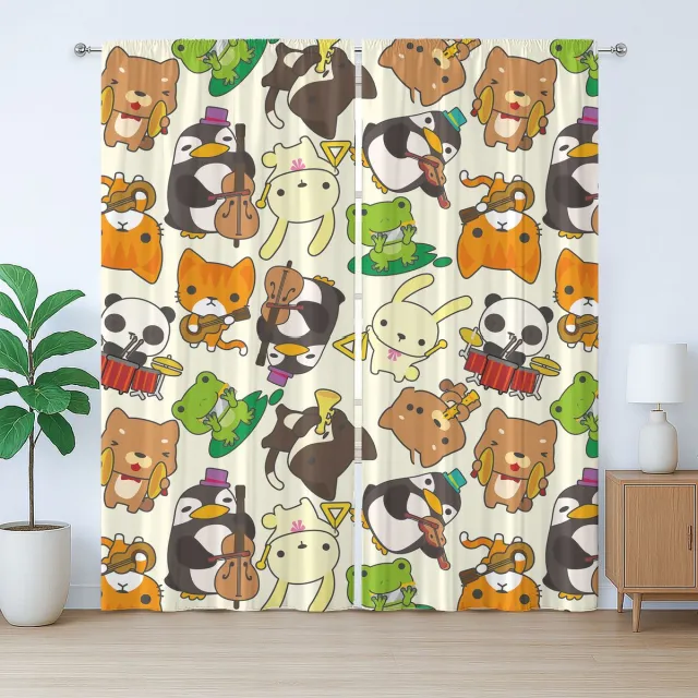 ABAKUHAUS Rustiek gordijn voor de kleuterschool, cartoon dieren en muziek, met lussen en haken voor de slaapkamer, 280 x 175 cm, geelgroenbruin