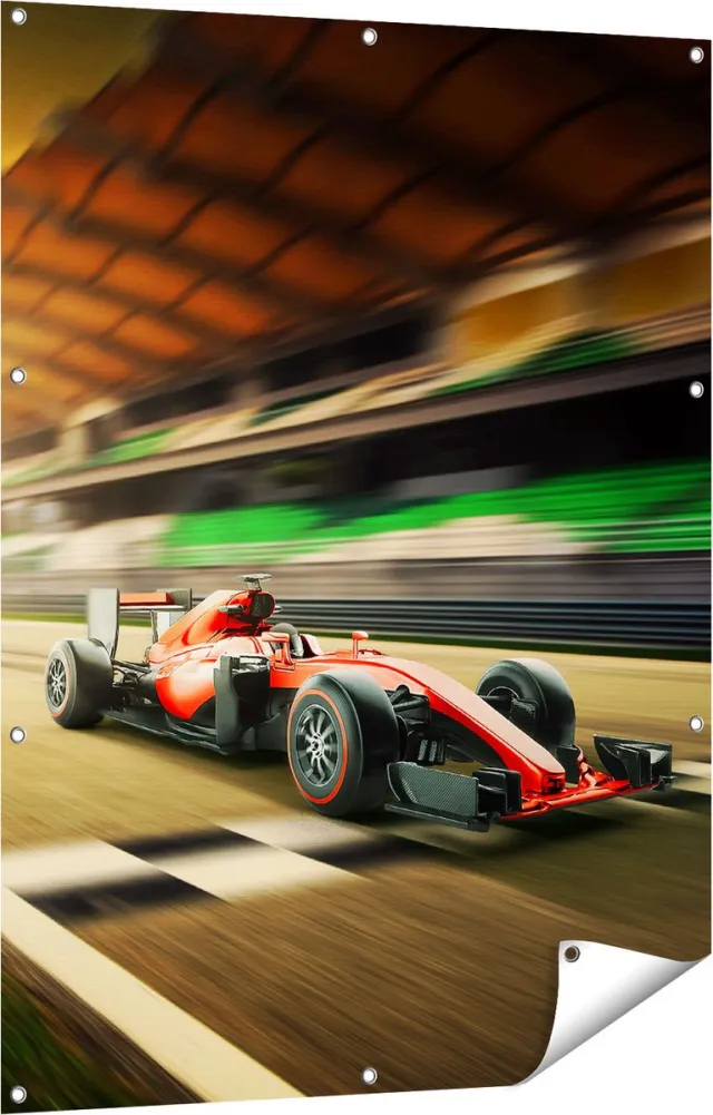Gards Tuinposter Formule 1 Auto bij de Finish in het Rood - 90x120 cm - Tuindoek - Tuindecoratie - Wanddecoratie buiten - Tuinschilderij Multikleur