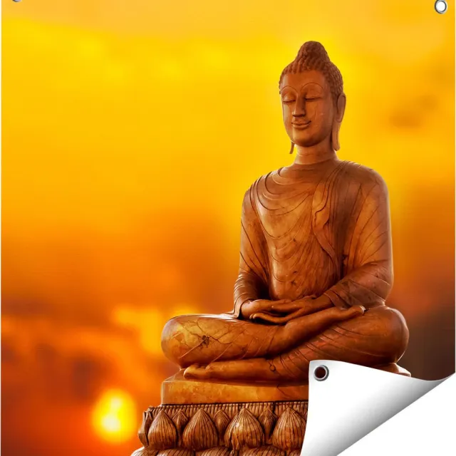 Gards Tuinposter Boeddha Standbeeld bij Zonsondergang - 60x60 cm - Tuindoek - Tuindecoratie - Wanddecoratie buiten - Tuinschilderij Multikleur