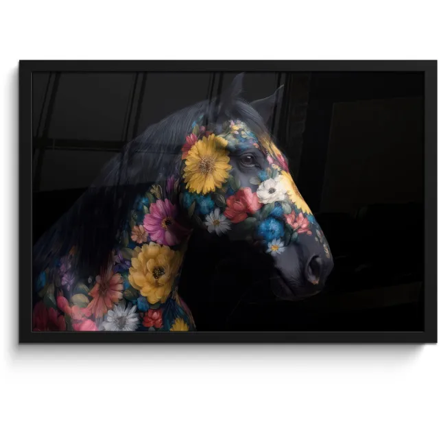 FrameYourWall Poster in lijst - Fotolijst 60x40 cm - Posters - Paard - Bloemen - Zwart - Posterlijst zwart - Decoratie - Wanddecoratie woonkamer - Muurdecoratie slaapkamer