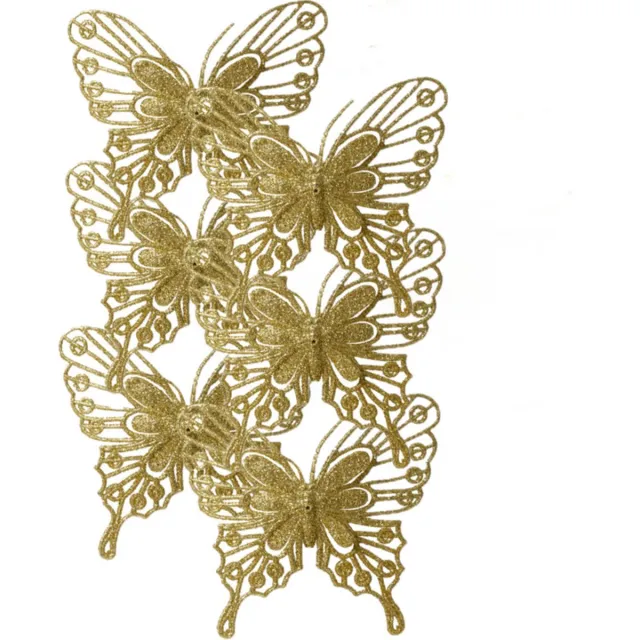 Decoris Kerstboom decoratie vlinders op clip - 6x - goud - 13 cm Goudkleurig