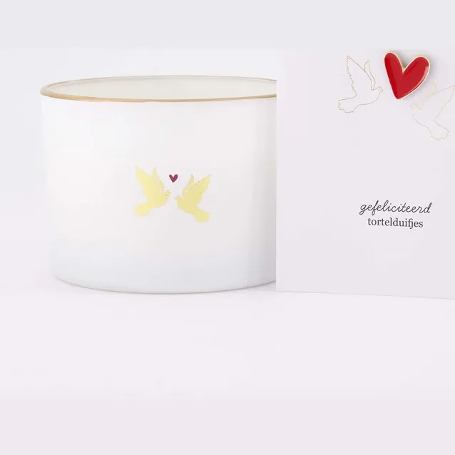 Zusss Cadeauset Ansichtkaart En Geurkaars Lovebirds - Huwelijk - Cadeau - Trouwen - Wit - Ø11,5X8cm