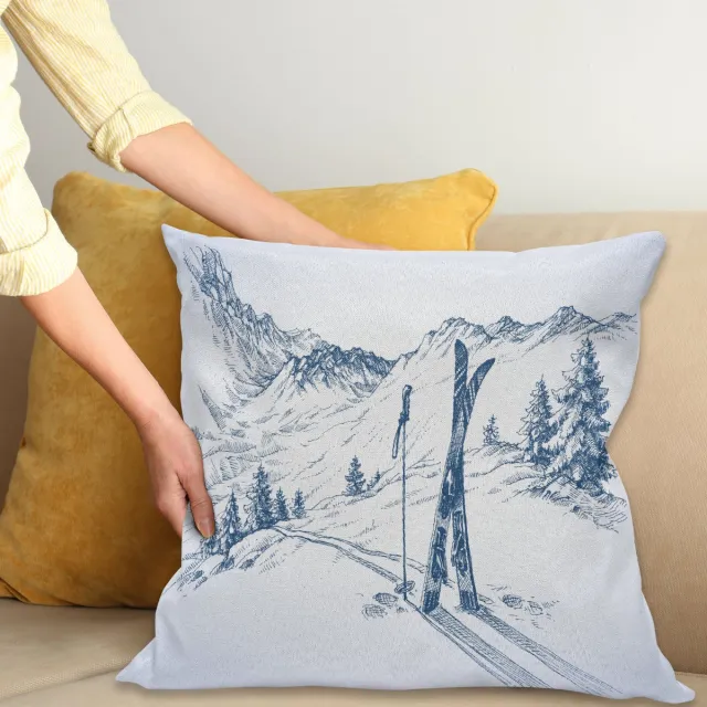 ABAKUHAUS Winter Kussenhoes, Ski Sport Berg Uitzicht, Water- en Vuilafstotende Stof met Digitale Print voor Binnen en Buiten, 50 x 50 cm, Blauw Wit