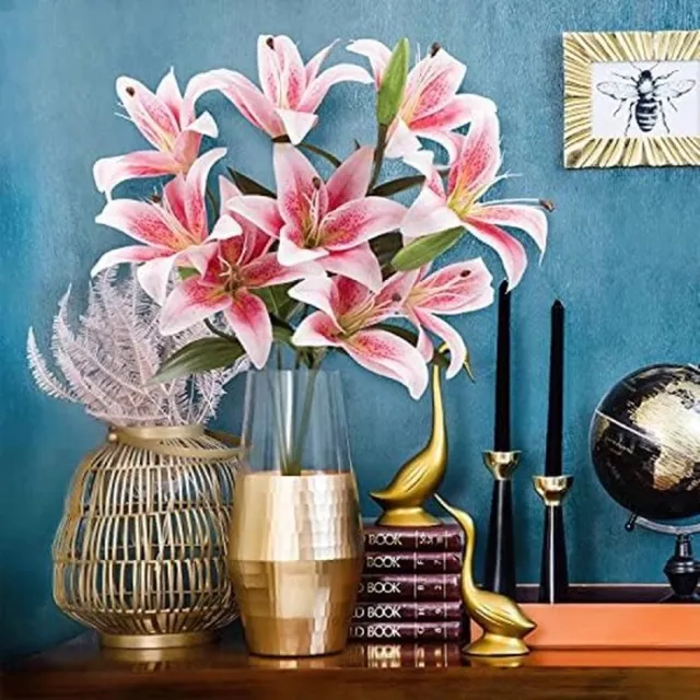 PolkaHome Kunstleliebloemen met 12 hoofden, lange steel kunstmatige lelies met 9 hoofden, volledige bloei, lelie en 3 lelieknoppen, namaakboeketten voor thuis, hotel, bloemstuk, feestdecoratie Roze