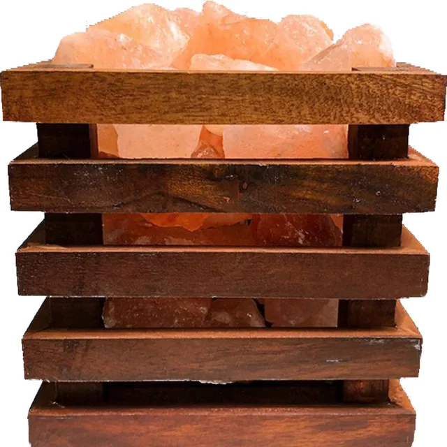 LalaShops Zoutlamp - Himalaya Zoutstenen - Houten Korfje - Vierkant oranje