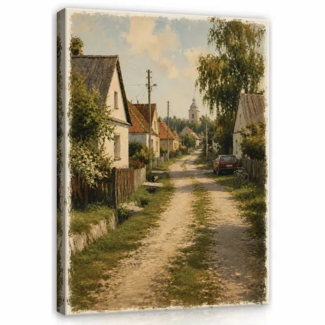 WALLARENA Schilderij op canvas - 100x70 cm - landelijk dorpslandschap in vintage stijl - wanddecoratie voor woonkamer en slaapkamer Beige