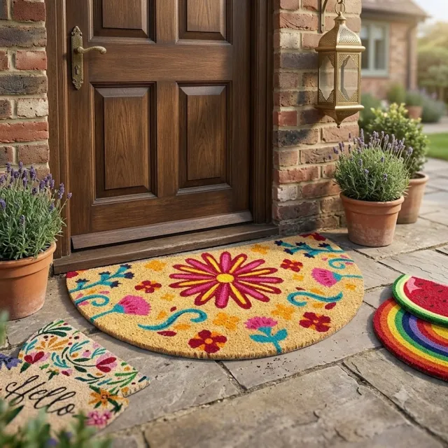 Maison Elara Voetmat Kokos Halfrond 40x70 cm – Antislip PVC – Natuurlijke Kokosvezel Vuilvangmat voor Binnen en Buiten (Bloemig)