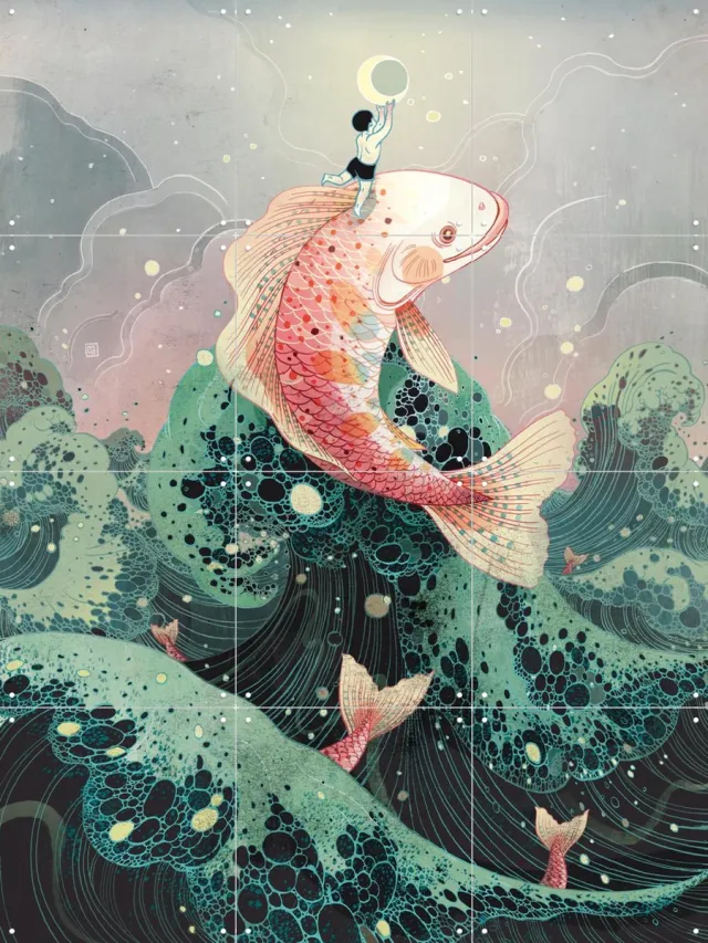 IXXI Moon Catcher, Victo Ngai - 60 x 80 cm - Grote wanddecoratie en posters - Speels, Digitale Kunst, Illustraties, Kleurrijk, Badkamer, Mancave Roze