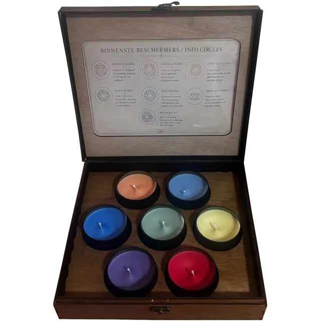 M-HOLY 7 Chakra Ritual Set – Geurkaarsen Cadeauset – 7 Geuren – Handgemaakte Houten Geschenkdoos – Sojawas Kopieer Meerkleurig