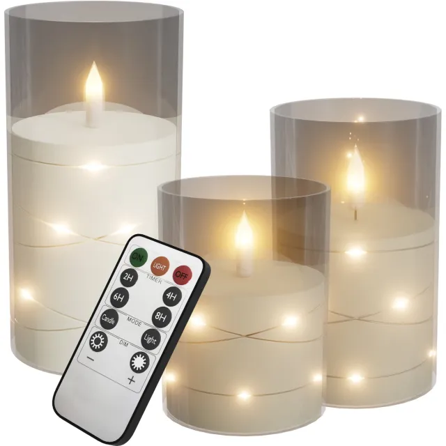 NAIZY 3x LED Kaarsen Kerstkaarsen Theelichtjes draadloos warm wit Kerstkaars met timerfunctie afstandsbediening kaars met clip, voor feestdecoratie met Batterij 10+12,5+15cm Hoog, Transparant