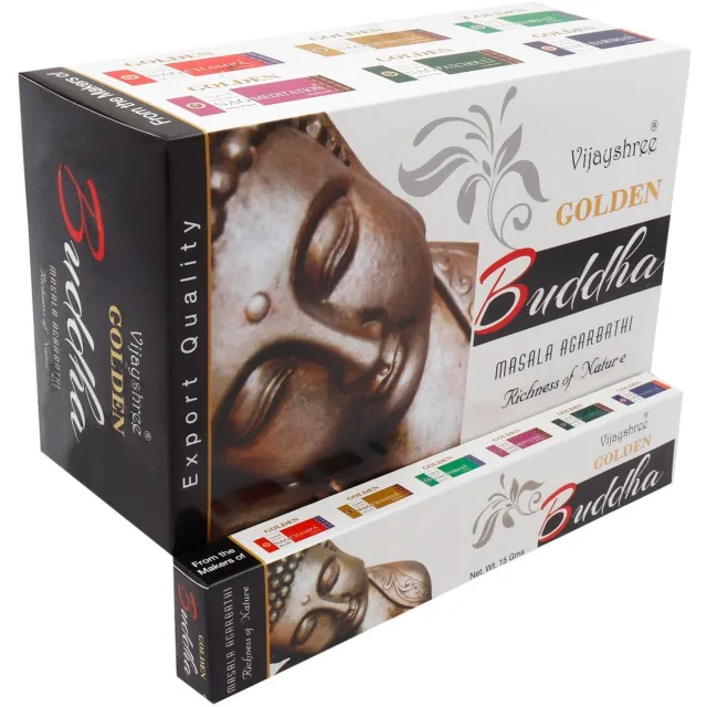 Vijayshree GROOTVERPAKKING WIEROOK - GEURSTOKJES - GOLDEN BUDDHA - VIJAYSHREE - 12 PAKJES X 15 GRAM - 180 GRAM ZWART