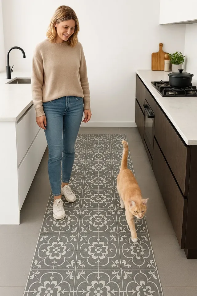 JYG RENAIX vinyl tapijtloper 60x200cm - afwasbaar - antislip - keukenloper Grijs
