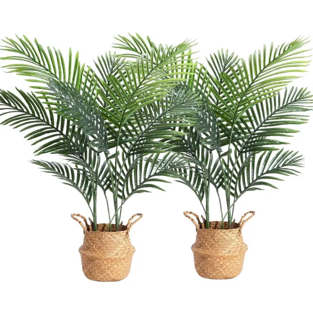 Provento Kunstplanten Areca palmbomen in zeegras mand - 110cm - Nep faux plastic planten - Indoor decoratie - Slaapkamer - Set van 2 Groen