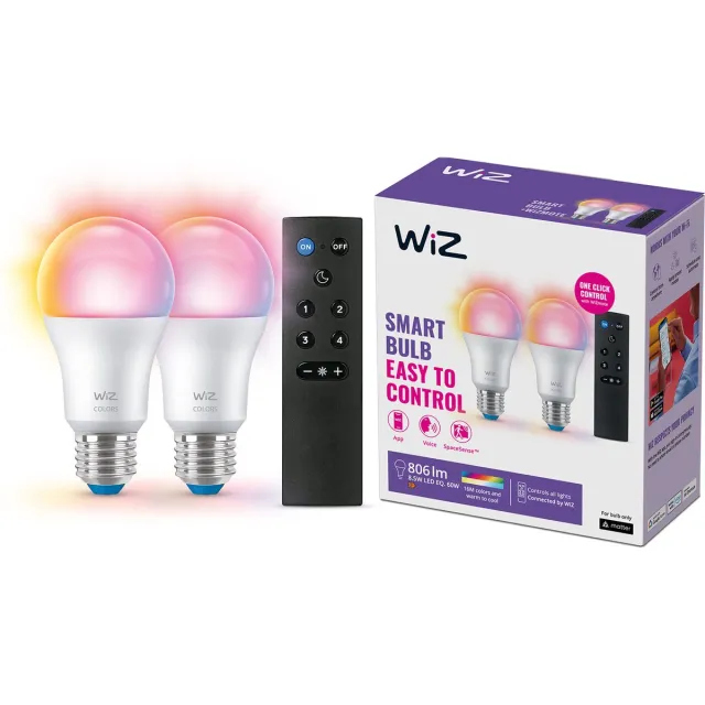 WiZ Lamp 2-pack + Afstandsbediening - Gekleurd en Wit Licht - Slimme LED Verlichting - E27 fitting - 60W - Mat - Wi-Fi