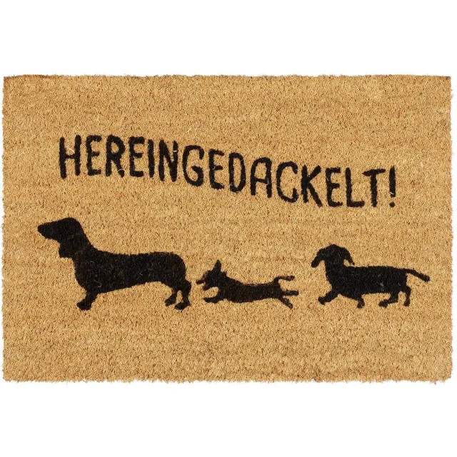 Famanu Deurmat van kokos met tekst 'Hier ingedackelt', voor binnen en buiten gebruik, kokosmat van 40x60 cm, natuurlijke uitstraling Naturel