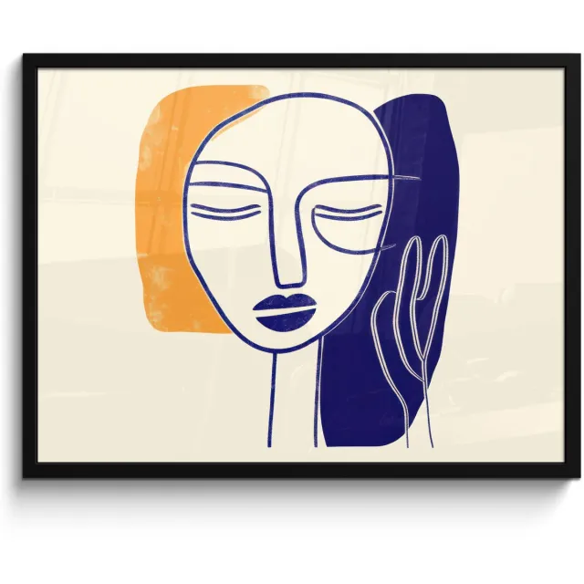 FrameYourWall Poster in lijst - Fotolijst 70x50 cm - Posters - Minimalistisch - Gezicht - Hand - Oranje - Blauw - Posterlijst zwart - Decoratie - Wanddecoratie woonkamer - Muurdecoratie slaapkamer Gezicht - Hand - Minimalistisch