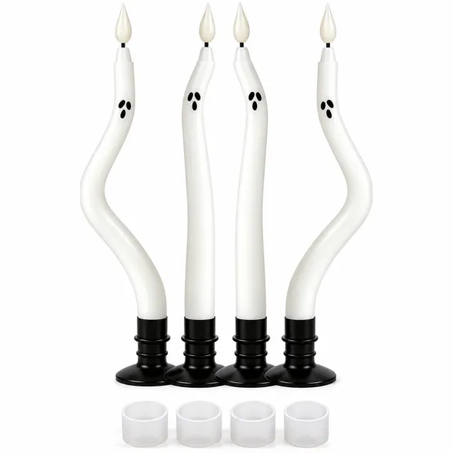 SWGOTA led kaarsen, set van 4 met voetjes, S-vorm en spookgezichten, warmwit flikkerlicht, voor Halloween en tafeldecoratie