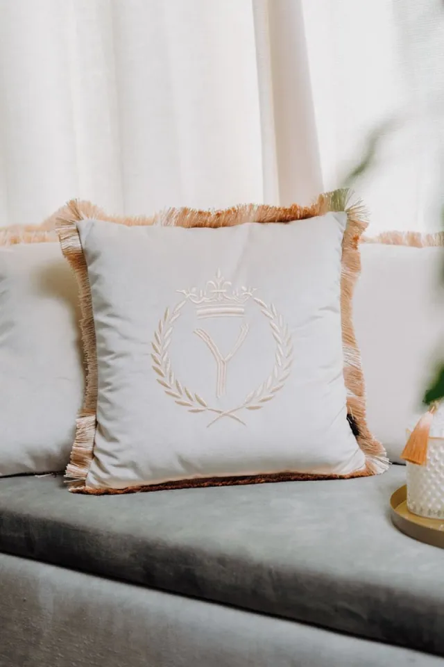 Sandra Mika Embroidered pillow / personalised pillow / monogram pillow / decorative cushion 40x 40 beige velvet letter Y