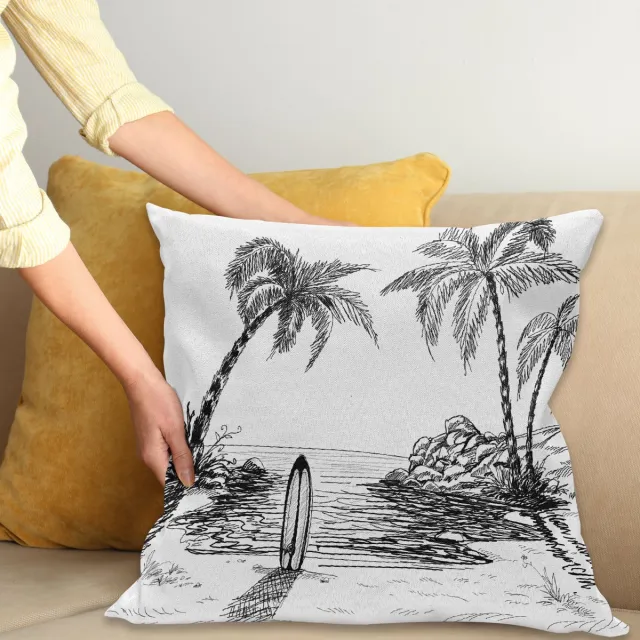 ABAKUHAUS Surf Sierkussenhoes, Seascape met Coconut Boom en Surfboard op de Zand Zomer Time Exotisch Eiland Schets, Decoratieve Vierkante Sierkussenhoes, 45 x 45 cm, Zwart Wit