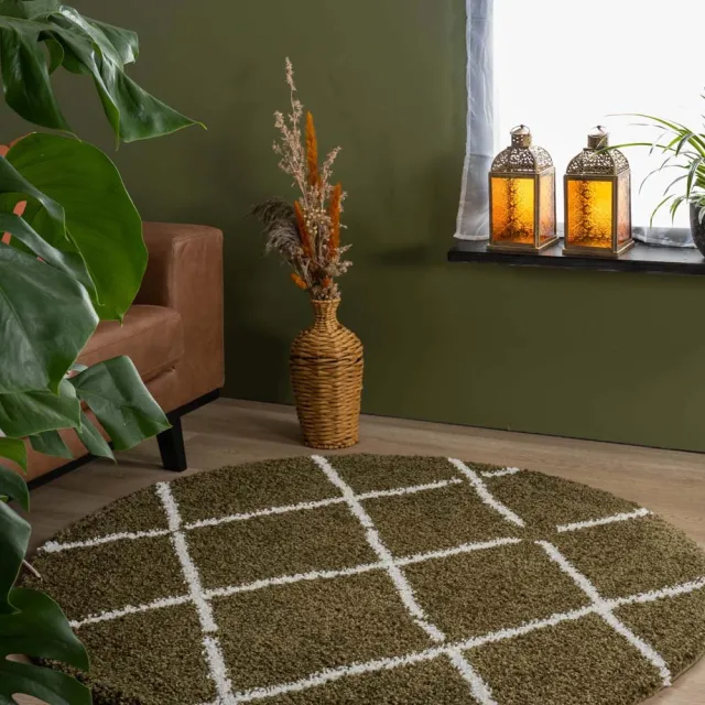 Boho&me Rond hoogpolig vloerkleed ruiten Artisan - olijfgroen/wit 300