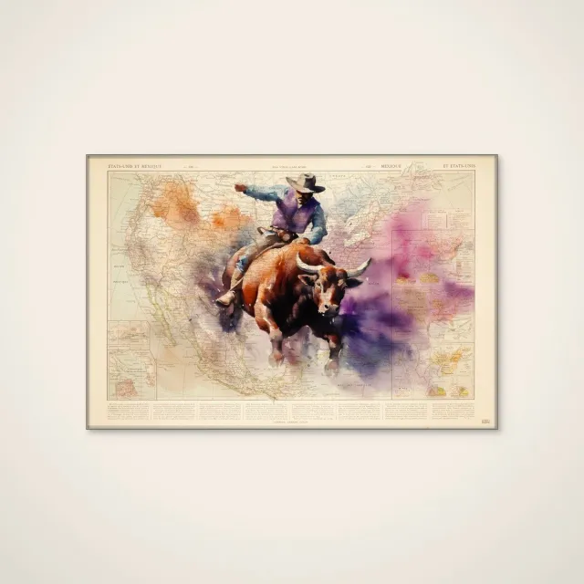 HelloWalls Akoestisch schilderij - 120 x 80 cm - Wild West Map Ride van thomas chedeville - Abstracte wanddecoratie - zilver textielframe Meerkleurig
