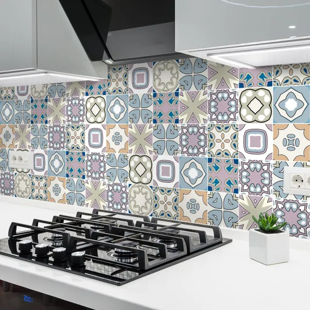 Ambiance Sticker Zelfklevende tegelmuurstickers voor keuken en badkamer - 24 cementtegelstickers, Azulejos Mona - 24 stickers, 15x15cm Multi color