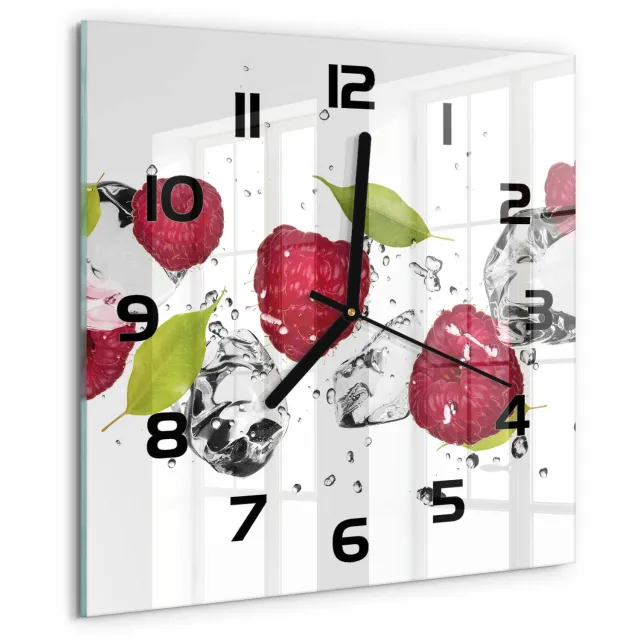 TULUP Wandklok - Framboos en water Gekleurde Glazen Klok - 30x30 cm - Roze Glazen Klok Met Print - Zwarte handen - Vierkante Klok - Moderne Wandklok Glas - Wandklok Glas Decoratie