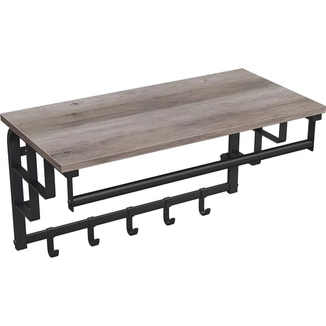 Acaza Kapstok - Wandkapstok - Kapstok Hangend - 66 x 30 x 27 cm - 5 Verwijderbare Haken met Plank en Kledingstang - Grijs en Zwart