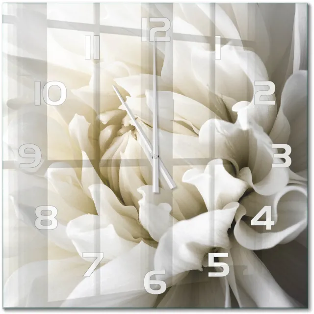 TULUP Wandklok - Witte dahlia Wandklok Glas Decoratie - 60x60 cm - Wit Gekleurde Glazen Klok - Witte handen - Vierkante Klok - Klok Glas Met Opdruk - Moderne Wandklok Glas