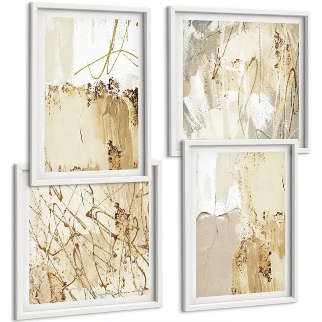 TULUP 4-Delige Schilderij Set - Abstracte patronen in beige en witte tinten. - 40x40 en 40x60 - Muurdecoratie - Decoratieve Schilderijen - Wohnzimmer - Stijlvolle Muurdecoratie Witte lijst