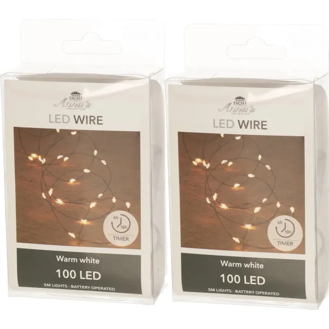 Anna's Collection Draadverlichting - 2x - 100 led lampjes - warm wit - 500 cm - lichtsnoer - batterij - timer