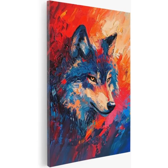 Saammp Canvas Schilderij - Rood blauwe wolf - Abstract - Dieren - Natuur - 40x50 - Foto op canvas - Wanddecoratie - Muurdecoratie Woonkamer - Slaapkamer decoratie - Canvas Print Multicolor
